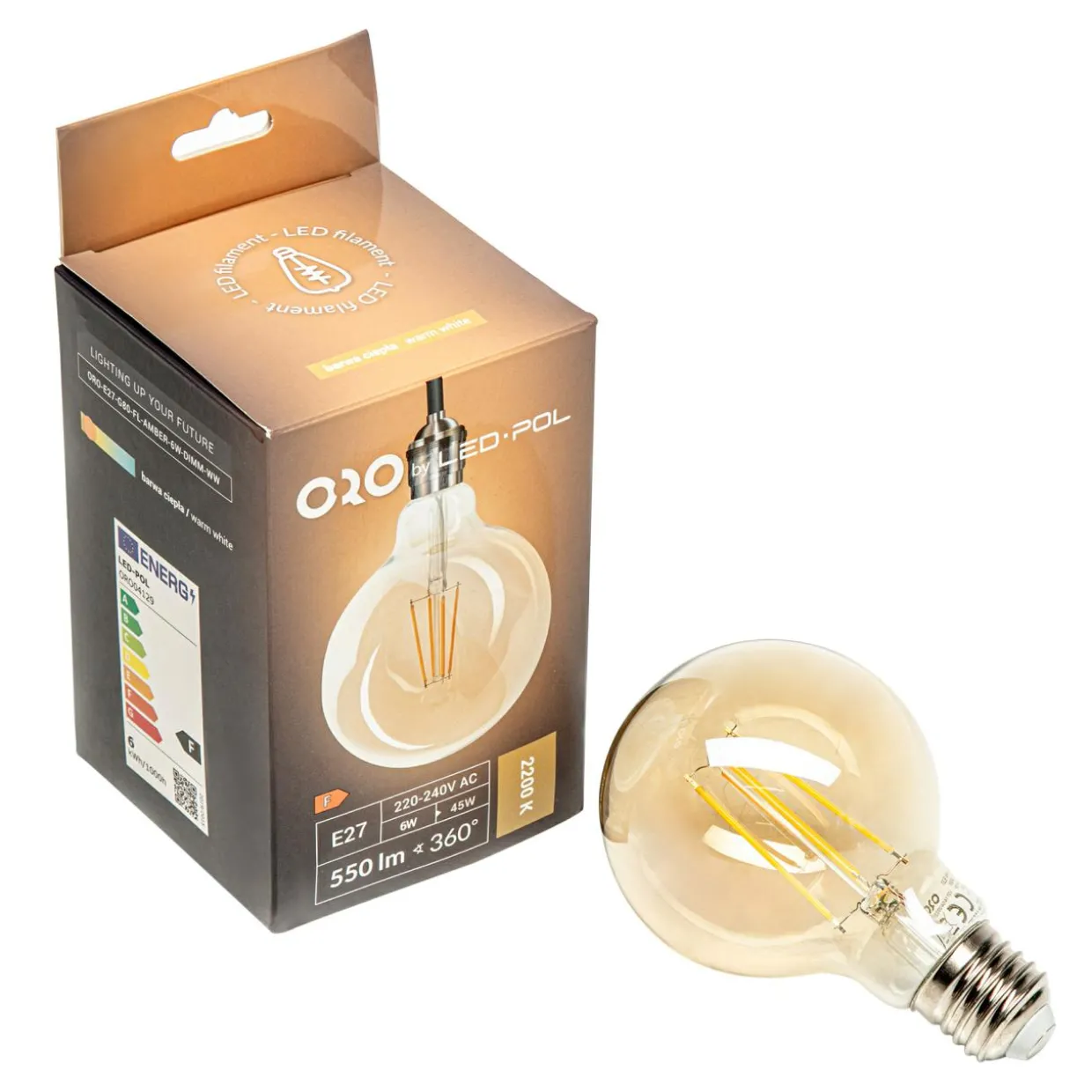 Żarówka ozdobna LED E27 6W barwa ciepła ORO-E27-G80-FL-AMBER-6W-DIMM
