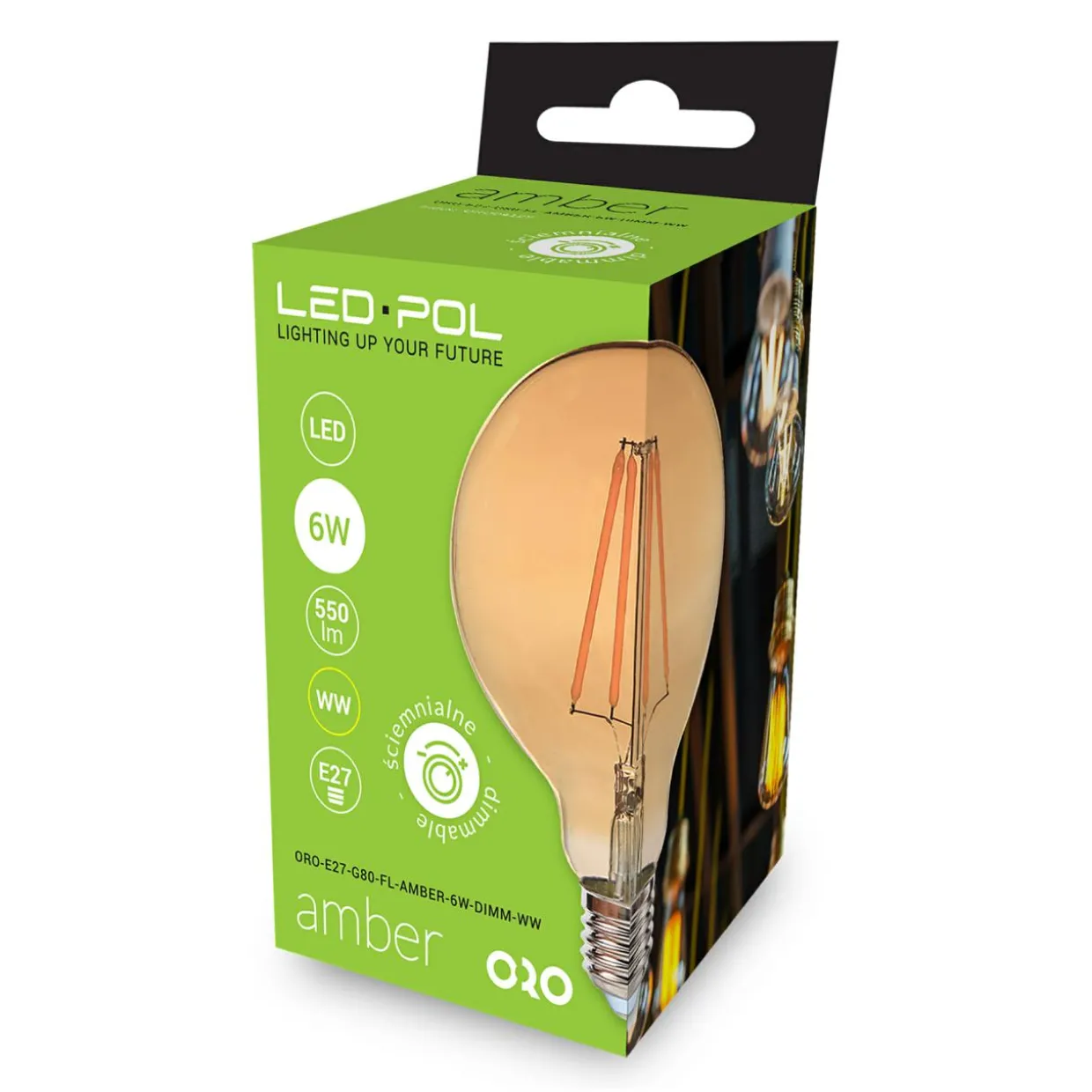 Żarówka ozdobna LED E27 6W barwa ciepła ORO-E27-G80-FL-AMBER-6W-DIMM