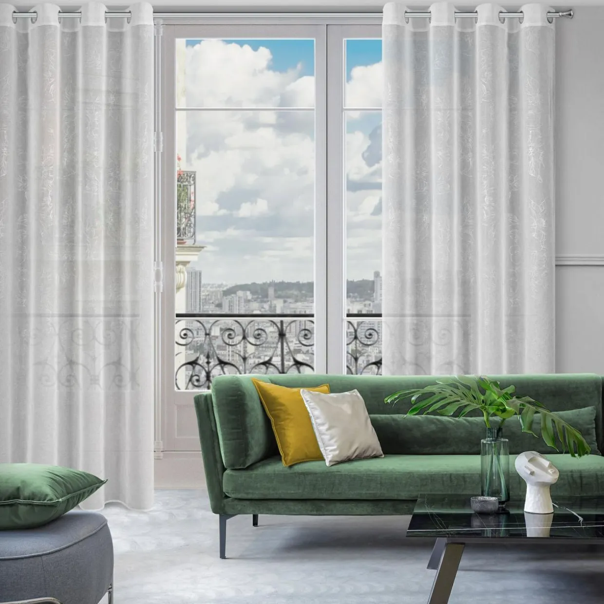 Firana w kwiaty biało-srebrna ANITA 140x270 cm