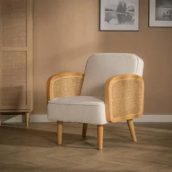 Fotel wypoczynkowy beżowy z plecionką wiedeńską ZELMO