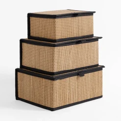 Komplet 3 koszy z pokrywą bambusowe czarne