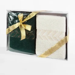 Komplet 2 ręczników kremowy/ciemnozielony GLOW 50x90 cm