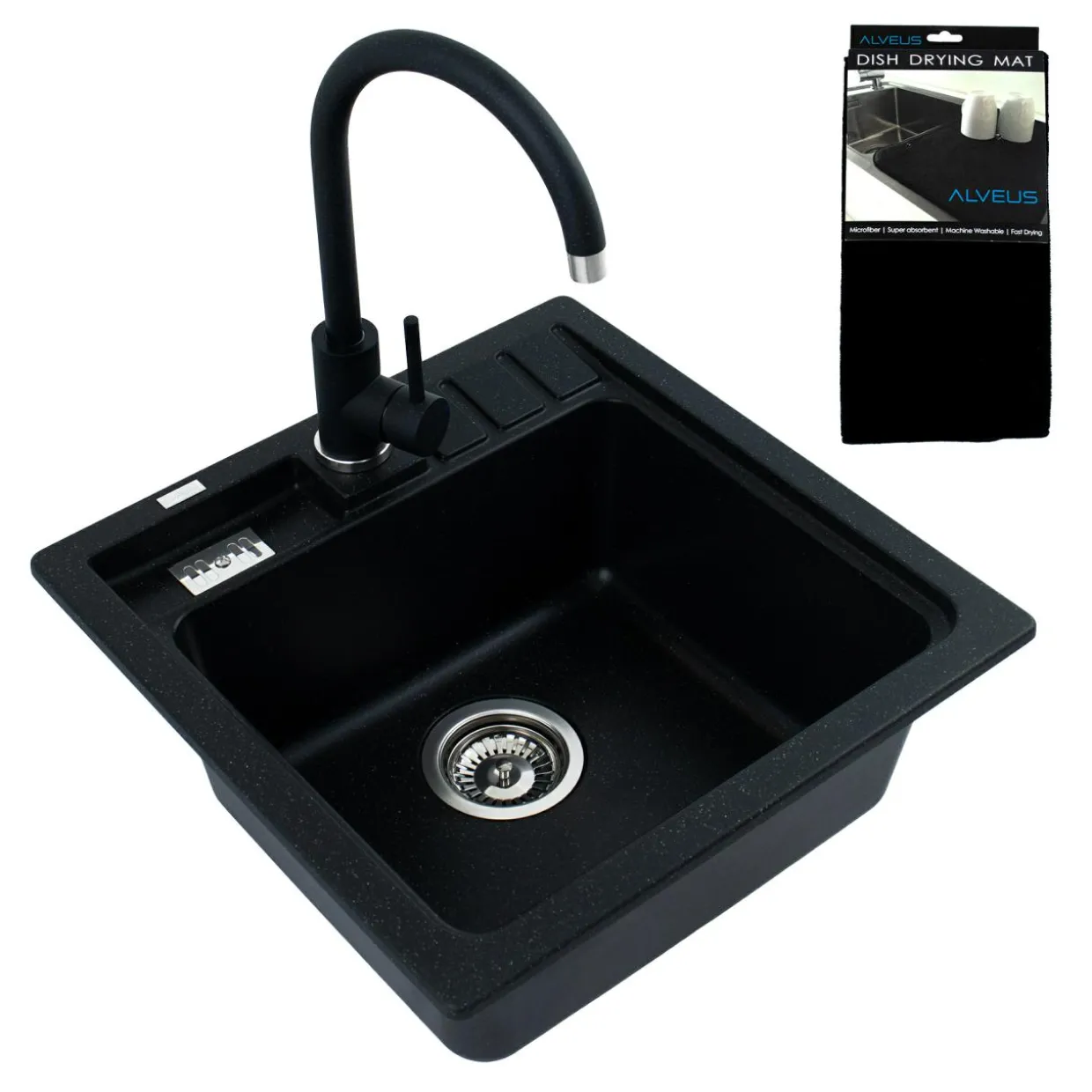 Komplet - zlewozmywak granitowy czarny ASPEN 20 z baterią i matą ociekową