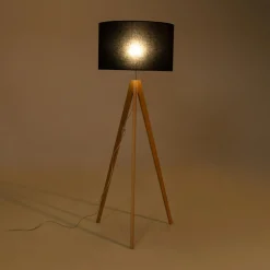 Lampa na drewnianym trójnogu abażur czarny TREVISO