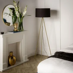 Lampa na złotym trójnogu abażur welur czarny INGA