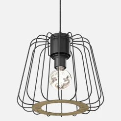 Lampa wisząca czarna jasne drewno TRAD I klosz 25 cm