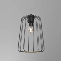 Lampa wisząca czarna jasne drewno TRAD I klosz 38 cm