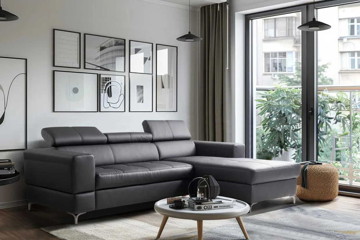 Narożnik rozkładany z regulowanymi zagłówkami czarny TORINO prawy