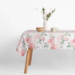 Obrus biały w różowe kwiaty GARDENA 140x240 cm