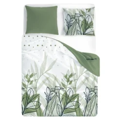 Pościel bawełniana biała w zielone liście TRENDY 220x200 cm