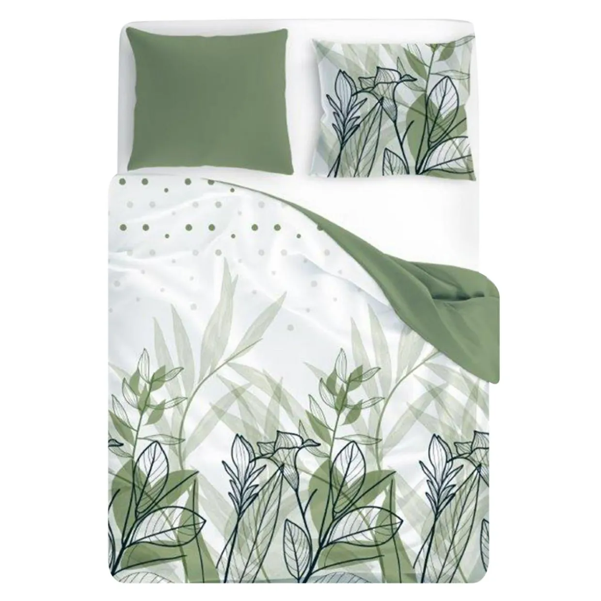 Pościel bawełniana biała w zielone liście TRENDY 220x200 cm