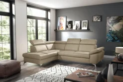 Rozkładany narożnik z beżowej skóry naturalnej MIO lewy