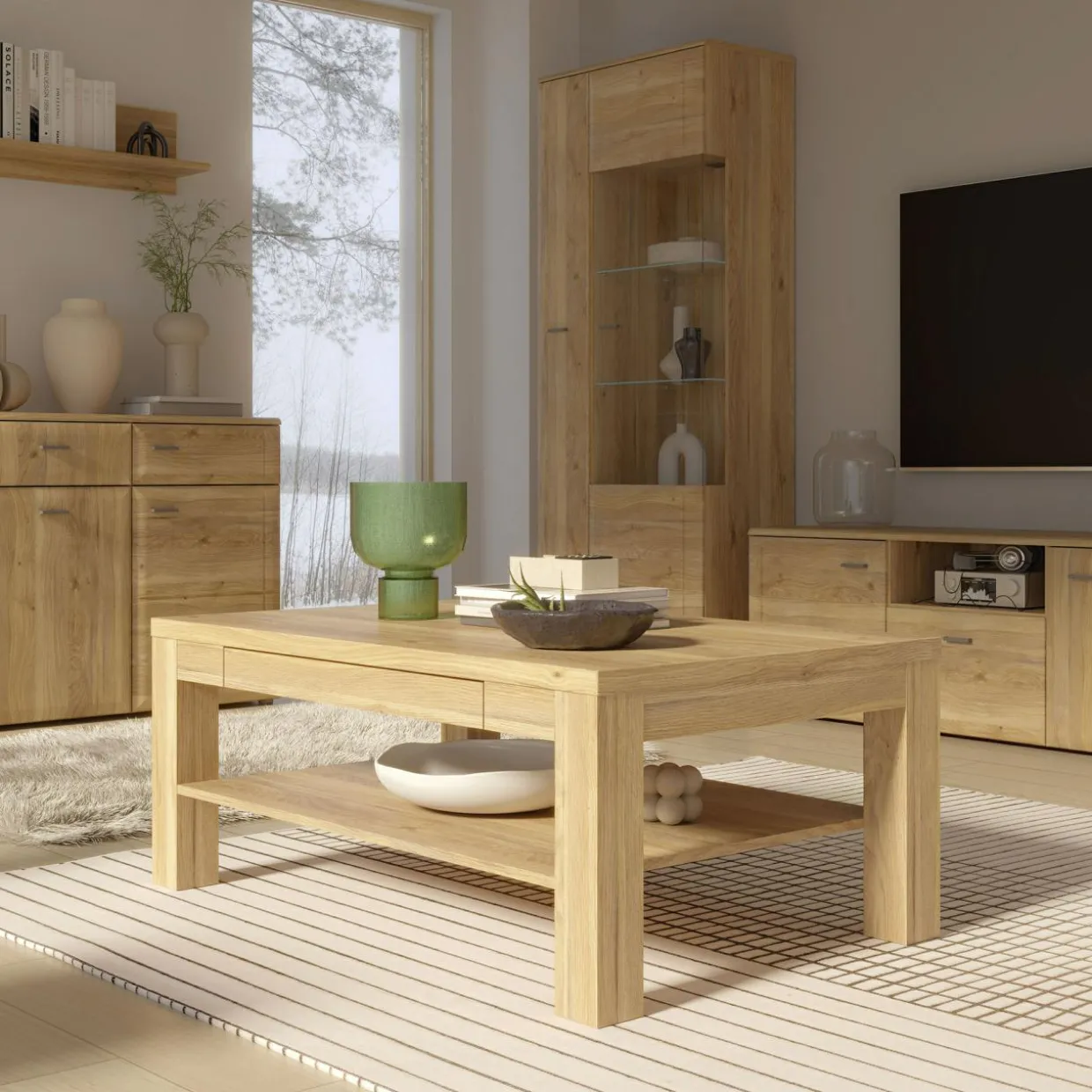 Stolik z szufladą w kolorze drewna