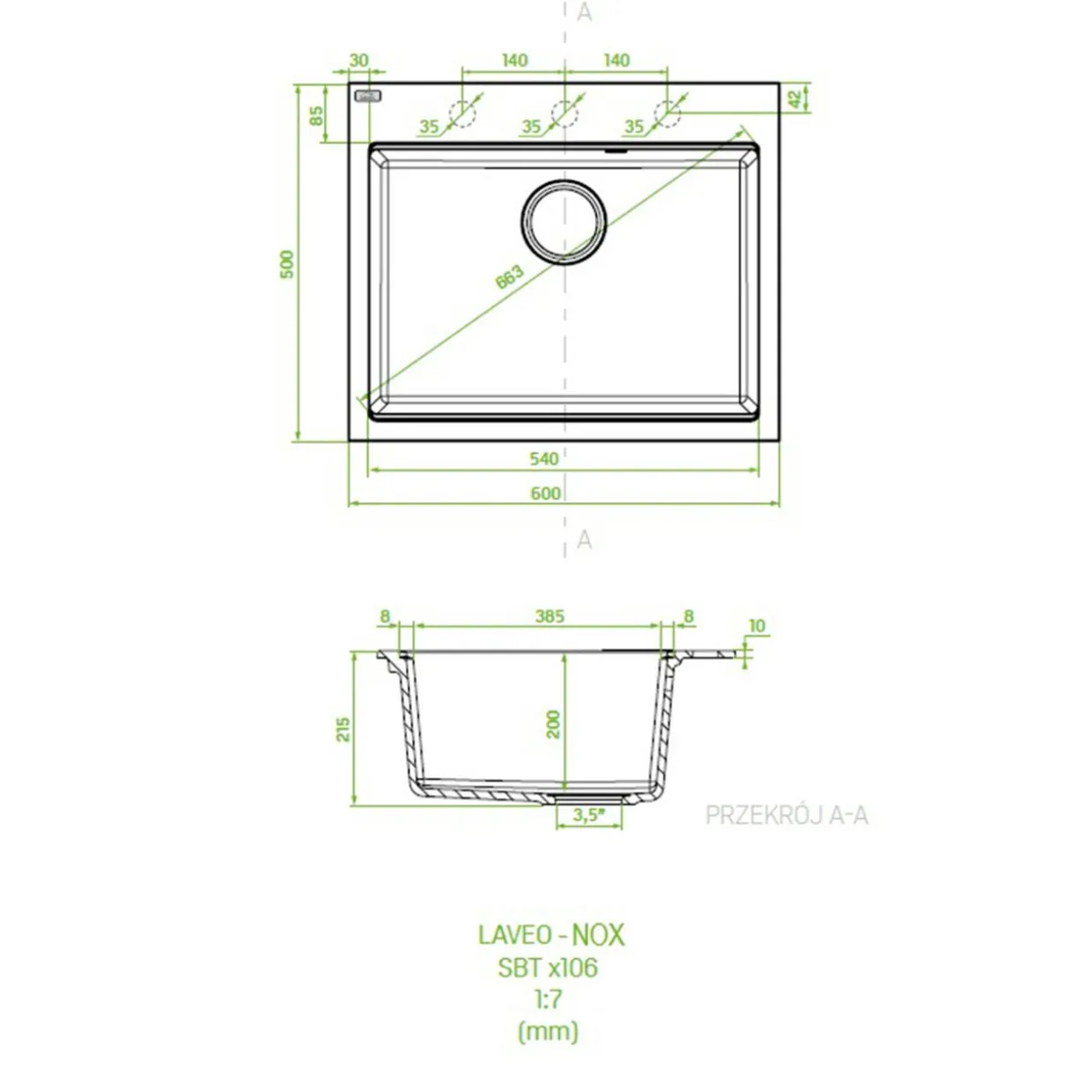 Zlewozmywak jednokomorowy 60x50 cm szary kamienny granitowy LAVEO NOX