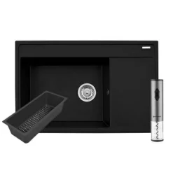 Zlewozmywak z wkładką ociekową lewy karbon ARES 79x50 cm + korkociąg